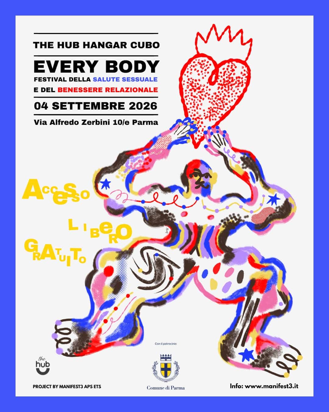 Locandina Every Body: festival della salute sessuale e del benessere relazionale, 4 settembre 2026, The Hub Hangar Cubo, Parma. Accesso libero e gratuito.